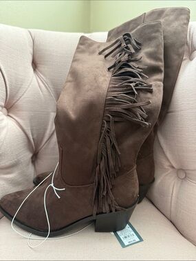 Universal Thread Brown Suede Over-the-Knee Fringe Boots